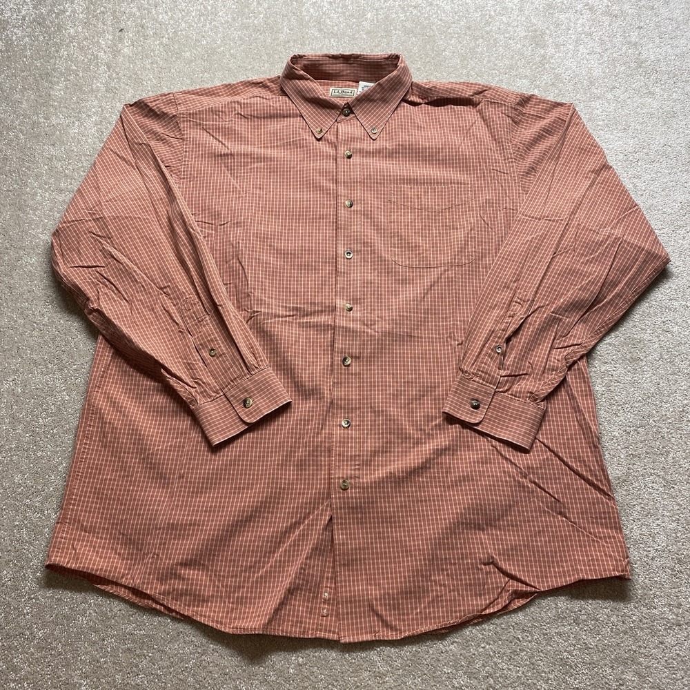 LL Bean Shirt Mens XL Tall Orange Plaid Button‎ Down Pocket Casual Outdoors